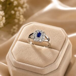 Royal Sapphire Halo Ring – Elegant Blue Gemstone Statement Ring for Women